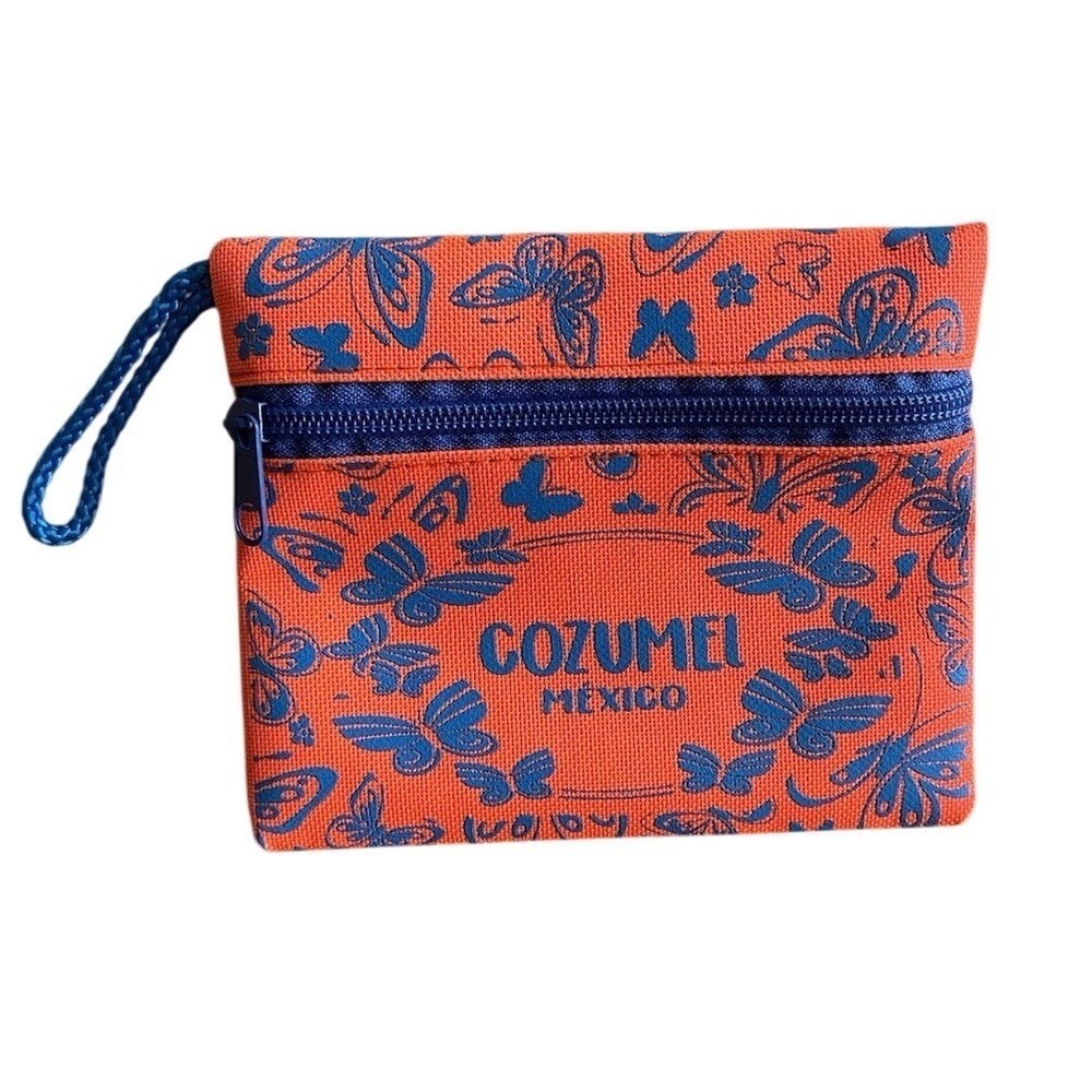 Cozumel Mexico Souvenir Pouch Orange Blue Butterfly Canvas Wristlet Purse bag‎